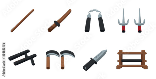 Collection of martial arts weapons including nunchaku, sai, and katana