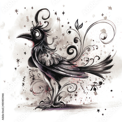 An artistic illustration of a fantastical bird, executed in graphic and watercolor style 