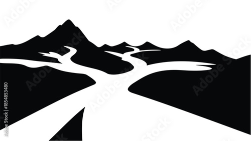 A winding river flows through a mountainous landscape under a clear sky.