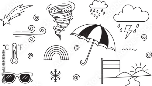 Weather and climate icon set meteorology forecast season elements line