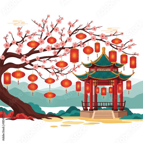 A serene illustration of a traditional pavilion surrounded by lanterns and a blooming tree in a peaceful landscape
