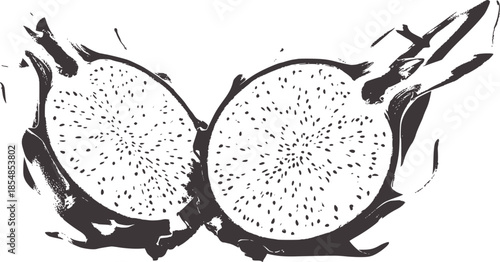Detailed black and white line of a sliced dragon fruit cross section