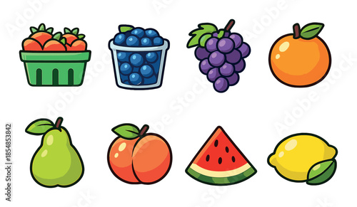 Colorful cartoon fruit icons on green background with pear, peach, lemon, orange, berries, grapes, watermelon