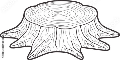 Hand drawn black and white line of a tree stump cross section