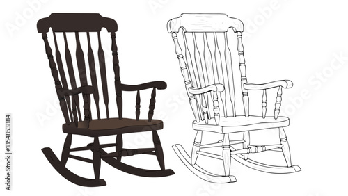 Vector illustration of a pair of rocking chairs with intricate designs in a classic setting