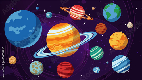 Vibrant Vector Illustration of Planets Orbiting in Space with Stars and Galaxy Elements