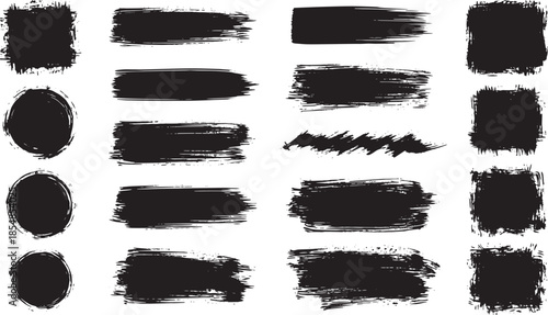Set of black grunge brush strokes and textured paint spots collection