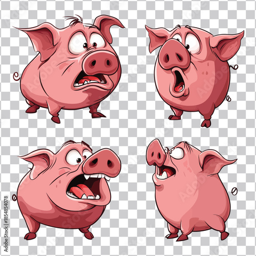 Four cartoon pigs with exaggerated expressions of surprise and shock, isolated on a transparent background