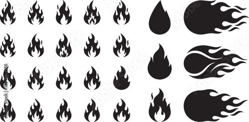 Stylized fire flame icons and flaming fireball silhouettes for logo