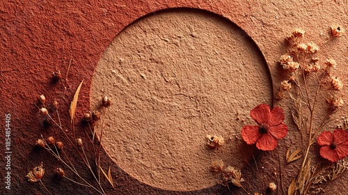 A minimalist wreath made of pressed dried flowers, placed off-center on a warm terracotta-textured plaster wall, showcases the rustic design of a handcrafted piece.