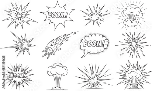 Set of comic explosions and boom sound effects on transparent background