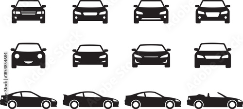 Set of various car silhouettes on transparent background in flat design