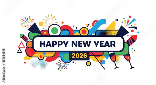 A vibrant new year celebration illustration with fireworks confetti champagne glasses and a festive banner