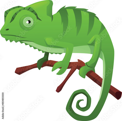 Green chameleon icon sitting on a branch, exotic animal.