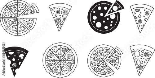 Various slices and whole pizzas on transparent background