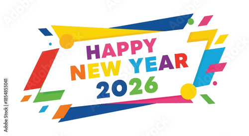 A vibrant graphic design displaying the text happy new year 2026 with colorful ribbon elements