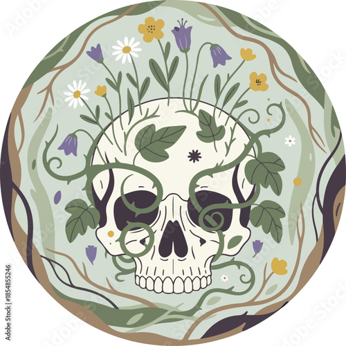 Skull adorned with flowers and vines a symbol of life and death.