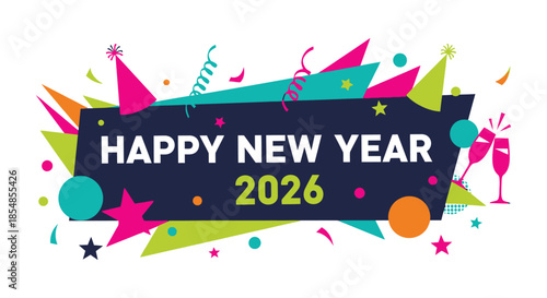 A vibrant new year celebration graphic with colorful confetti balloons and a festive message