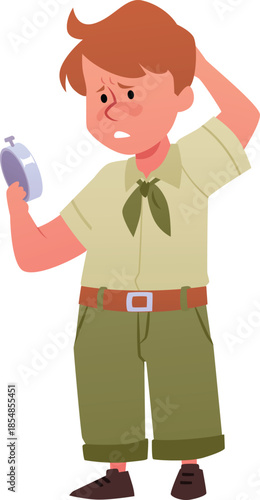 Scout boys exploring compass, vector tourism hiking orientation to the direction, camping and travel equipment