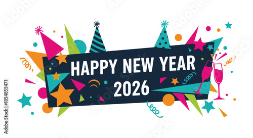 Colorful new year celebration with party hats confetti stars and a champagne glass