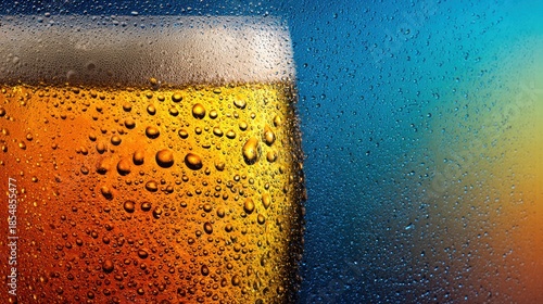 Frothy Brew: The condensation-covered glass of chilled, golden beer, glistening with refreshing bubbles, sits ready to quench thirst.