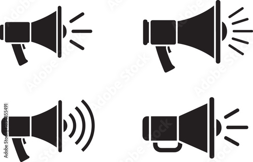 Set of black megaphones, speaker or loudspeaker silhouettes on transparent background