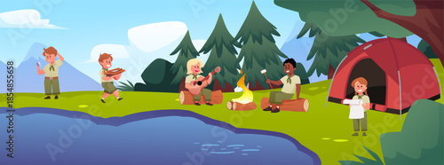 Scout children camp on the river bank, group of scouts resting near the camping tent and campfire, playing guitar