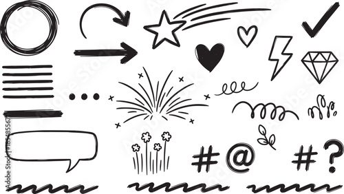 Set of black hand drawn decorative doodle elements on transparent bg