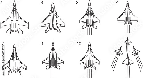 Fighter jet top view outline collection vector