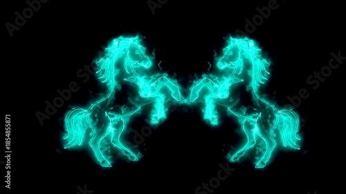 Abstract mirrored horses glowing blue green neon energy light loopable motion, Chinese New Year Symbol on dark background. Ideas for horoscope visuals, spiritual artwork, digital fantasy themes etc., 