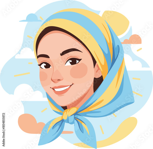 Smiling woman with a blue and yellow headscarf portrait illustration.
