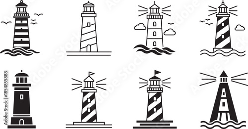 Set of black line art and silhouette lighthouse icons on transparent background