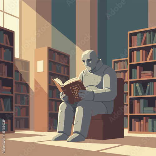 Statue engrossed in reading a book in a library.