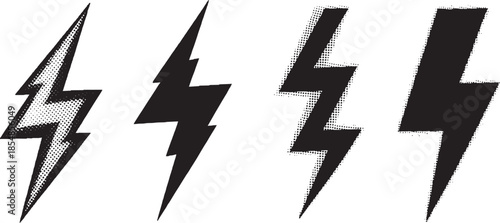Lightning bolt strike shapes set with halftone effect textures design