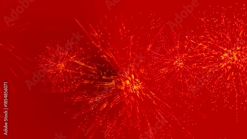 Abstract futuristic particle cloud explosion of golden firework light on vibrant red night sky, festive wallpaper  background. 