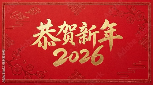 Happy Chinese New Year 2026 Red Gold Background with Chinese Text
