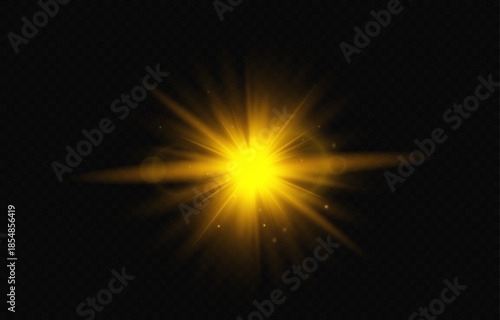A bright golden optical glow with a lens flare effect. Vector illustration of a sun with radiant rays, soft defocused bokeh, and sparkles, isolated on a dark background. Perfect as a digital overlay