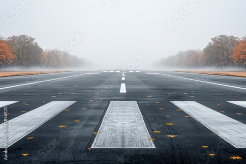 A foggy runway lined with autumn trees, creating a serene and quiet atmosphere, inviting thoughts of travel and exploration.