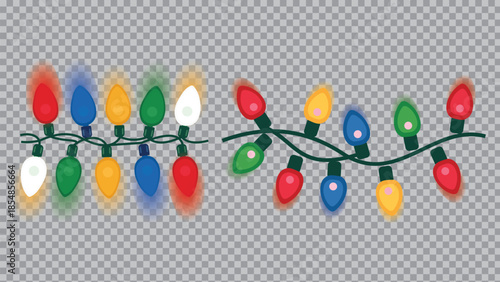 Christmas Lights Isolated on Transparent Backgound. Festive Colorful Christmas Lights String Decoration. Vector Graphic for Christmas Cards, Banners, Poster, Web