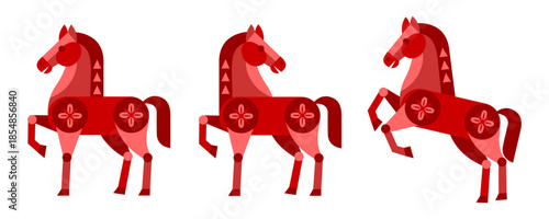 Set of three red folk art horse with geometric pattern. Stylized red horses with traditional Chinese ornament for Year of the Horse. Decorative animal figures. Editable vector illustration.