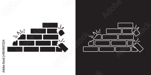 simple under construction icon, vector flat design unsafe building break down brick wall with falling bricks broken. simple square strong brick wall pieces icon, building structure pattern flat,EPS 10