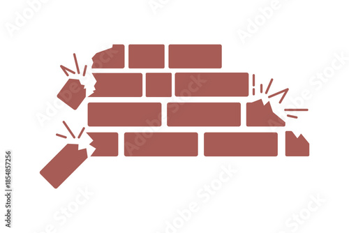 simple under construction icon, vector flat design unsafe building break down brick wall with falling bricks broken. simple square strong brick wall pieces icon, building structure pattern flat,EPS 10