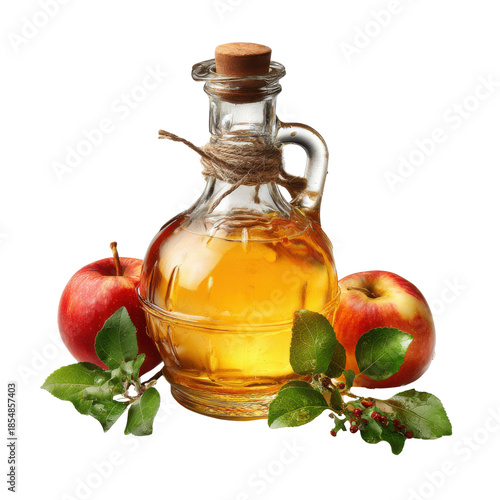 Glass jug filled with golden apple cider vinegar surrounded by red apples and green leaves image, Isolated On Black Background, Png Transparent Background, Cut Out