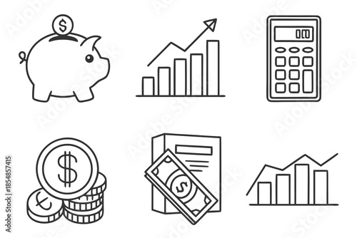 This vector illustration set features business and finance icons including a money piggy bank, house sign, and bank graph symbol design for web and internet button use