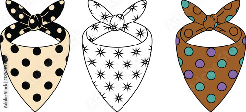 Cartoon bandana illustration set, polka dot and starburst patterns, tied headwear accessory design, fashion vector collection, white backgroundCartoon bandana illustration set, polka dot and starburst