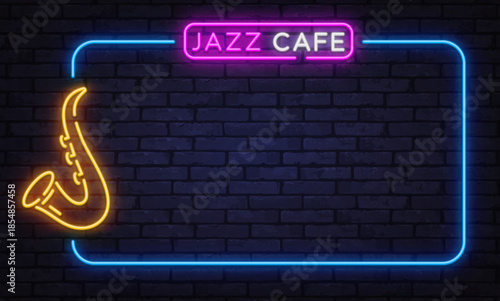 Stylish neon vector frame with saxophone icon and jazz cafe sign. Ideal for live music venues, lounge bars, and evening events.