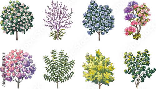 Cartoon flowering trees and shrubs vector set, colorful blossoms, pink purple blue yellow flowers, stylized foliage, spring botanical clipart, decorative garden illustration