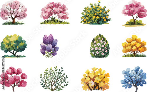 Cartoon flowering trees and shrubs vector set, colorful blossoms, pink purple yellow blue flowers, stylized foliage, spring botanical clipart, decorative garden illustration