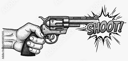 hand holding a revolver with a Shoot comic book style text in retro halftone effect