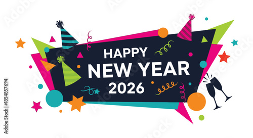A vibrant new year celebration graphic featuring confetti party hats and champagne glasses